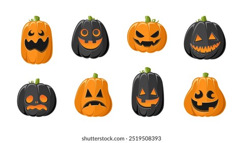 Lanterna Jack O bonito com diferentes formas e expressões faciais engraçadas conjunto. Creepy Spooky Divertido Halloween Decor Pumpkin Coleção Ilustração.