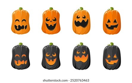 Lanterna Jack O bonito com diferentes formas e expressões faciais engraçadas conjunto. Creepy Spooky Divertido Halloween Decor Pumpkin Coleção Ilustração.