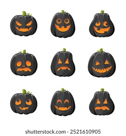 Lanterna Jack O bonito com diferentes formas e expressões faciais engraçadas conjunto. Creepy Spooky Divertido Halloween Decor Pumpkin Coleção Ilustração.