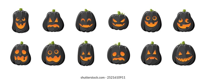 Linterna linda de Jack O con diferentes Formas y expresiones faciales divertidas. Colección espeluznante divertida de la ilustración de la decoración de la calabaza de Halloween.