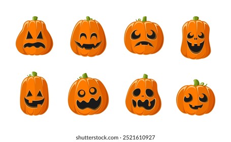 Lanterna Jack O bonito com diferentes formas e expressões faciais engraçadas conjunto. Creepy Spooky Divertido Halloween Decor Pumpkin Coleção Ilustração.