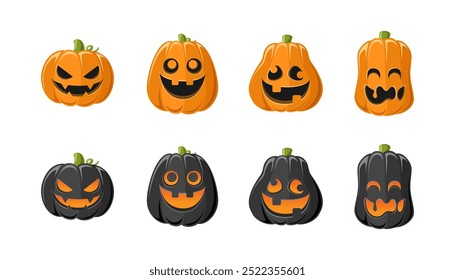 Lanterna Jack O bonito com diferentes formas e expressões faciais engraçadas conjunto. Creepy Spooky Divertido Halloween Decor Pumpkin Coleção Ilustração.