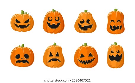 Lanterna Jack O bonito com diferentes formas e expressões faciais engraçadas conjunto. Creepy Spooky Divertido Halloween Decor Pumpkin Coleção Ilustração.