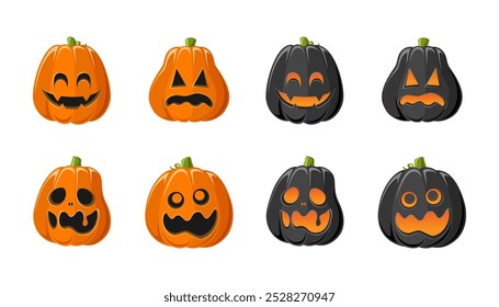 Lanterna Jack O bonito com diferentes formas e expressões faciais engraçadas conjunto. Creepy Spooky Divertido Halloween Decor Pumpkin Coleção Ilustração.