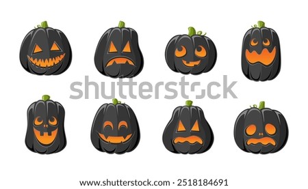 Cute Jack O Lantern with Different Shapes and Funny Facial Expressions Set. Creepy Spooky Fun Halloween Pumpkin Decor Illustration Collection.