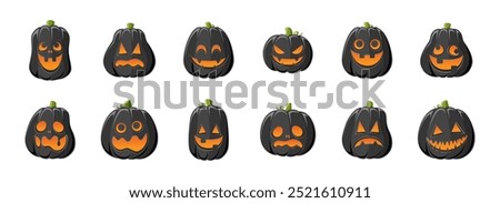 Cute Jack O Lantern with Different Shapes and Funny Facial Expressions Set. Creepy Spooky Fun Halloween Pumpkin Decor Illustration Collection.