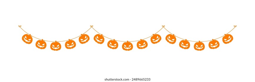 Cute Jack O Lantern Evil Pumpkin Garland Silhouette for Halloween. Simple banner hanging party classy decor vector element.