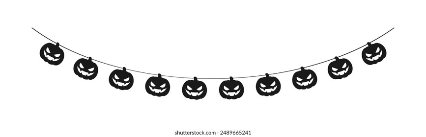 Cute Jack O Lantern Evil Pumpkin Garland Silhouette for Halloween. Simple banner hanging party classy decor vector element.