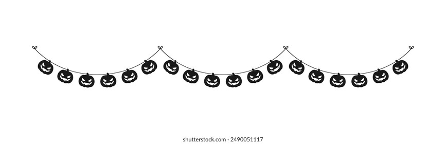 Cute Jack O Lantern Evil Pumpkin Garland Silhouette for Halloween. Simple banner hanging party classy decor vector element.