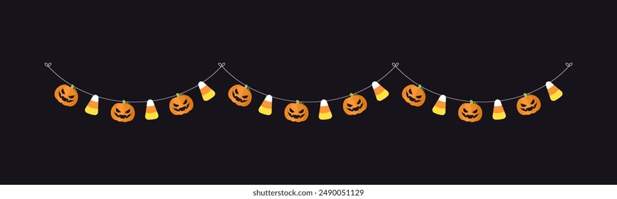 Cute Jack O Lantern Evil Pumpkin and Candy Corn Garland for Halloween. Simple trick or treat banner hanging party decor vector element.