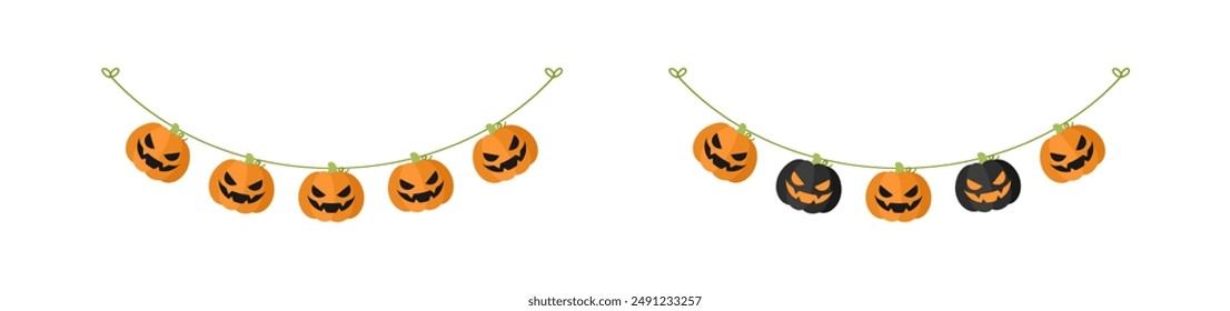 Cute Jack O Lantern Evil Pumpkin Garland Set for Halloween. Simple banner hanging party classy decor vector element.