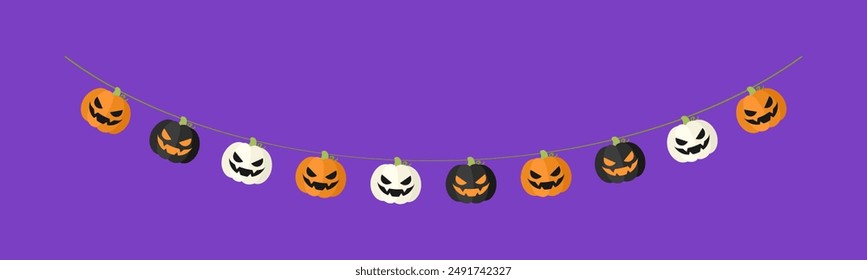 Nette Jack O Laterne Böse Kürbis Girlande für Halloween. Einfache Banner hängende Partei stilvolle Dekor Vektorgrafik Element.