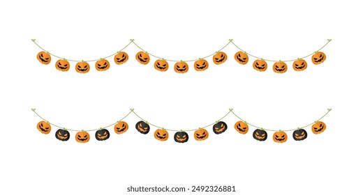 Cute Jack O Lantern Evil Pumpkin Garland Set for Halloween. Simple banner hanging party classy decor vector element.