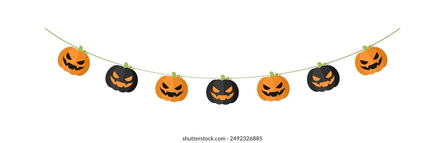Cute Jack O Lantern Evil Pumpkin Garland for Halloween. Simple banner hanging party classy decor vector element.