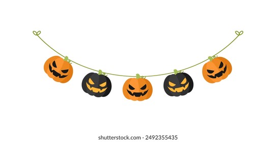 Cute Jack O Lantern Evil Pumpkin Garland for Halloween. Simple banner hanging party classy decor vector element.