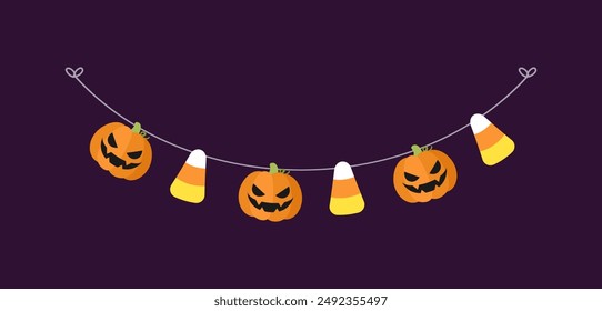 Nette Jack O Laterne Böse Kürbis und Süßigkeiten Mais Girlande für Halloween. Einfache Trick oder Leckerli Banner hängende Party Dekor Vektorgrafik Element.