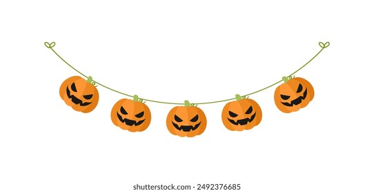 Cute Jack O Lantern Evil Pumpkin Garland for Halloween. Simple banner hanging party classy decor vector element.