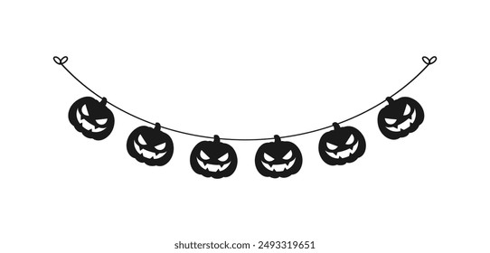 Cute Jack O Lantern Evil Pumpkin Garland Silhouette for Halloween. Simple banner hanging party classy decor vector element.