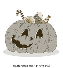 Cute Jack o lantern filled with candies and sweets. Halloween image. Hand drawn vector EPS 10 illustration.