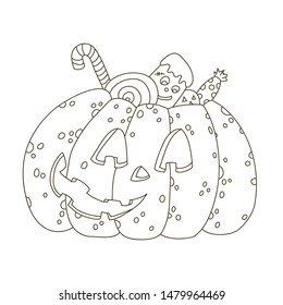 Cute Jack o lantern filled with candies and sweets. Halloween image. Hand drawn vector EPS 10 illustration.