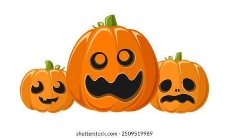 Lindos amigos de Jack O Lantern, calabazas tontas de Halloween con caras divertidas, decoraciones espeluznantes y aterradoras