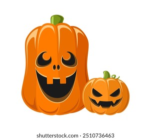 Lindos amigos de Jack O Lantern, calabazas tontas de Halloween con caras divertidas, decoraciones espeluznantes y aterradoras