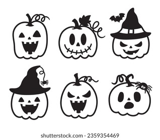 Cute jack o lantern Halloween pumpkin outline drawing vector illustration set with live strokes.