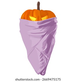 Lindo Jack O Lantern en estilo pastel usando bufanda sobre la cara