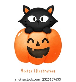 Cute jack o lantern pumpkin with black cat, Halloween vector watercolor illustration