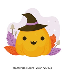 Cute Jack o lantern pumpkin wearing witch hat Halloween design element.