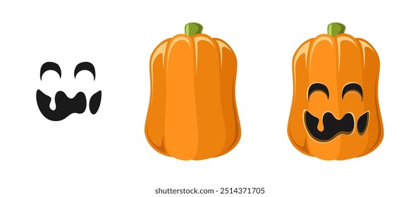 Süße Jack O Laterne mit Kürbis und lustig albernen Gesichtsausdruck Set. Gruselige Halloween Grafikillustrationen.