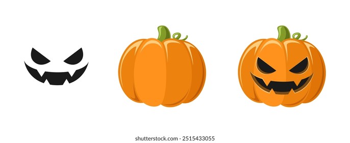 Süße Jack O Laterne mit Kürbis und lustig albernen Gesichtsausdruck Set. Gruselige Halloween Grafikillustrationen.