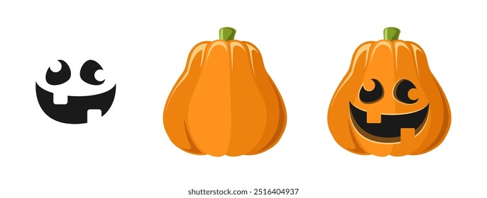 Cute Jack O Lantern with Pumpkin and Funny Silly Facial Expression Set. Spooky Creepy Halloween Graphics Illustrations.