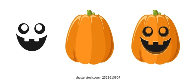 Lindo Jack O Lantern con calabaza y divertido juego de expresión facial tonto. Espeluznantes Ilustraciones de Gráficos de Halloween.