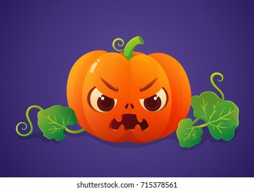Cute jack o'lantern with a angry expression. Halloween pumpkin with leaves and vines isolated on violet background. Vector illustration.