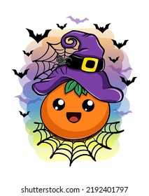 Cute Jack OLantern with spider, happy halloween cartoon vector illustration