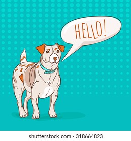 Cute Jack Russel Terrier dog saying HELLO to you. Cartoon style vector EPS8 illustration