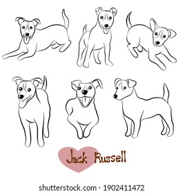 Cute Jack Russell colección de doodle de perro en diferentes poses en forma de ilustración de dibujo a mano libre.