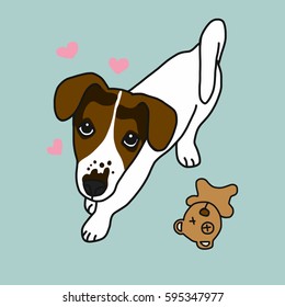 Cute Jack Russell dog looking with love and his toy cartoon vector illustration
