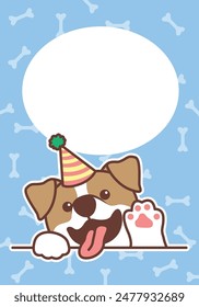 Cute jack russell dog with party hat waving paw cartoon greeting card, vector illustration