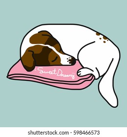 Cute Jack Russell dog sleeping on pink pillow cartoon vector illustration