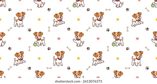 Cute jack russell puppy cartoon seamless pattern, vector illustration