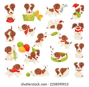 Cute jack russell puppy character in different activities set. Funny terrier eating, playing, sleeping cartoon vector