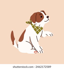 Cute Jack russell shows tricks. Happy terrier puppy training obedience, commands. Smart fluffy dog with bandana collar gives paw. Friendly doggy sits, smiles. Flat isolated vector illustration