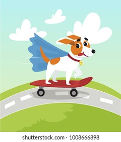 Cute jack russell terrier in blue cape riding with speed a skateboard on summer day vector Illustration in cartoon style