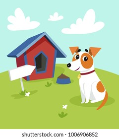 Cute jack russell terrier dog sitting in front of its kennel in a garden, summer rural landscape vector illustration