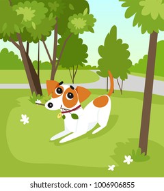 Cute jack russell terrier dog running with stick in the park, summer landscape vector illustration