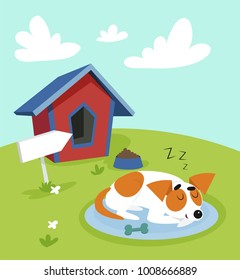 Cute jack russell terrier dog sleeping on a mat in front of its kennel in garden on summer sunny day vector Illustration in cartoon style