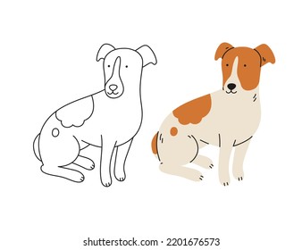 Cute jack Russell terrier Dog ilustración vectorial. Perro dibujado a mano en un estilo plano contemporáneo, y arte lineal. Animal de dibujos animados, mascota. El perro está tumbado.