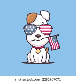 Cute Jack Russell Terrier puppy with USA sunglasses holding the flag of the United States of America. 4th of July, Independence day concept.